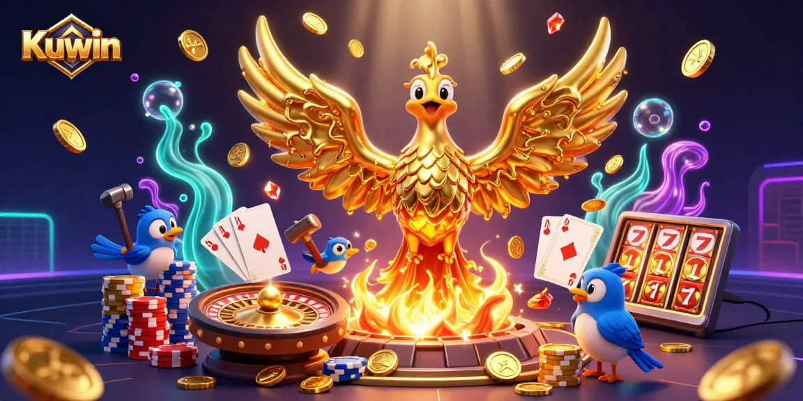 Kuwin showcases a molten golden phoenix surrounded by casino elements, from coins to poker chips in an exciting scene.