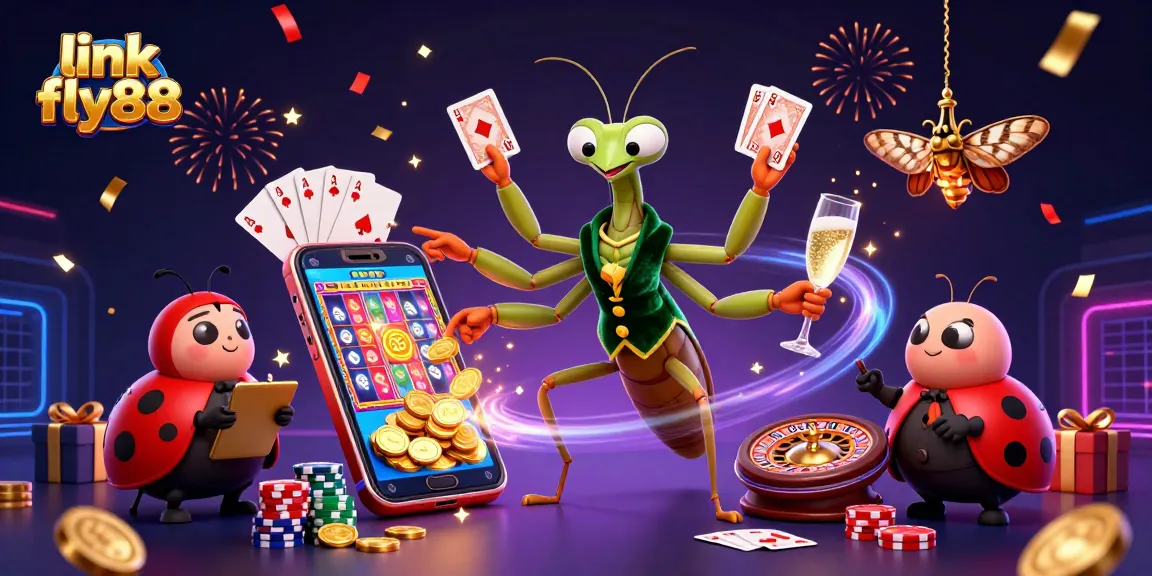Experience excitement with link fly88, featuring a colorful slot game, poker, and casino action in a vibrant scene.