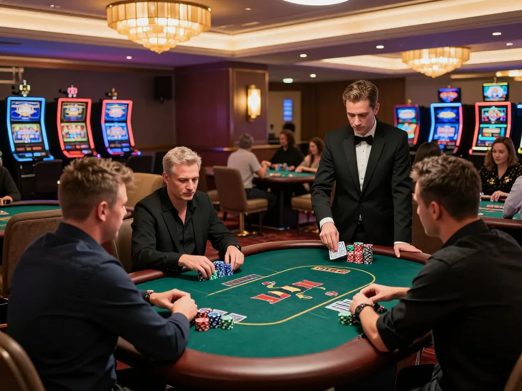 Des joueurs de casino participant à un jeu stratégique à une table vibrante, illustrant l'environnement dynamique d'un retrait rapide de casino.