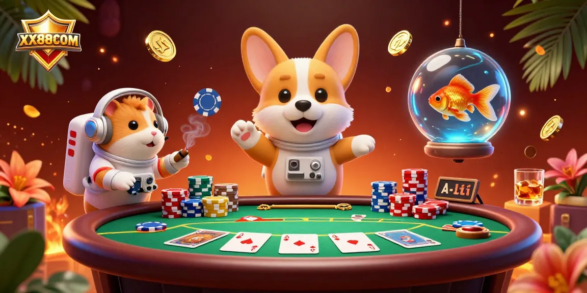 Experience the excitement of betting at XX88COM with a vivid scene of floating poker chips and engaging characters in a casino.