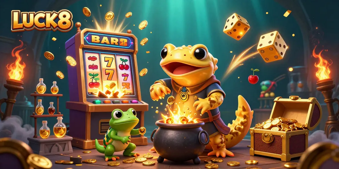 Experience LUCK8's thrilling casino adventure with a vibrant 3D illustration showcasing gold transmutation.