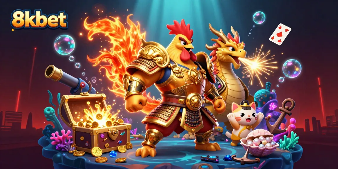 Engage with 8kbet's thrilling gaming experience featuring a rooster warrior and dragon hatchling.