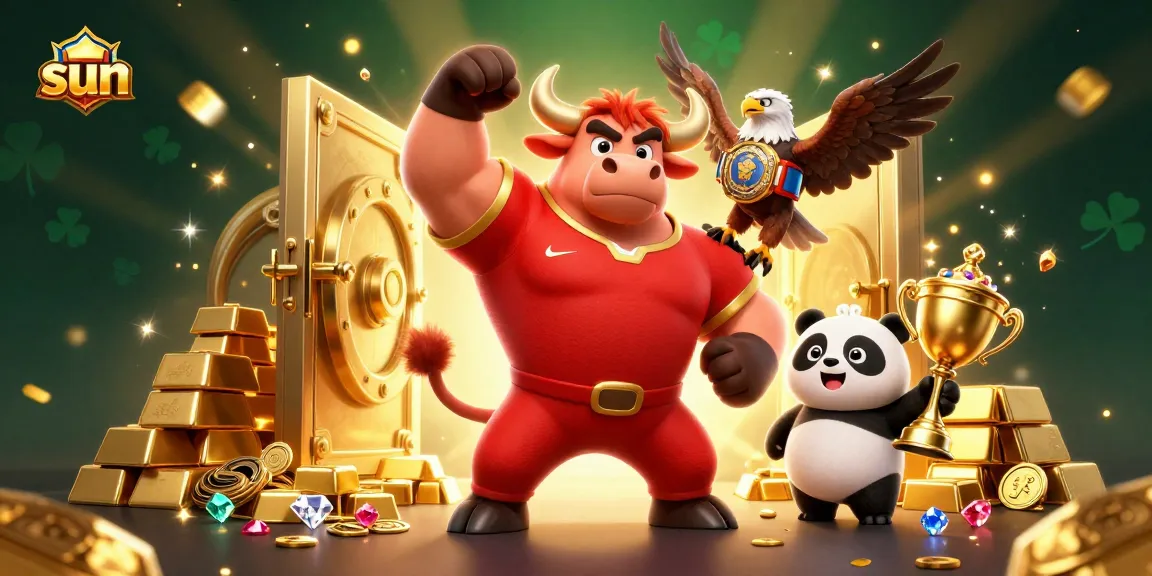 Experience the thrill of winning at sun-themed casino games showcasing a muscular bull and panda.