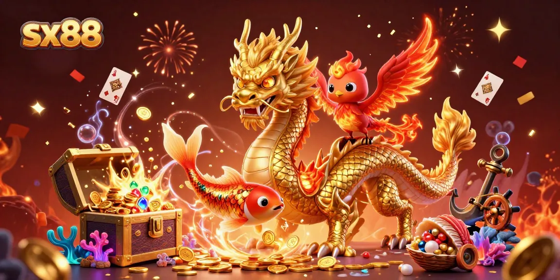Sx88 captures winning moments with a fierce Chinese dragon, glowing phoenix, and koi fish in a vibrant casino scene.