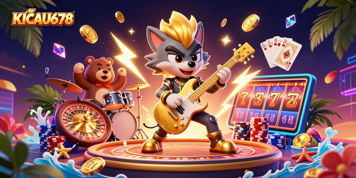KICAU678 captivates players with an energetic casino scene featuring a rock star wolf and drummer bear.
