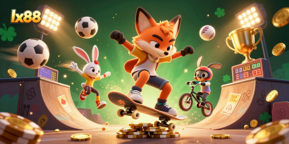 Experience high-energy gaming at lx88, featuring a skateboarder fox and BMX rabbit among casino symbols.