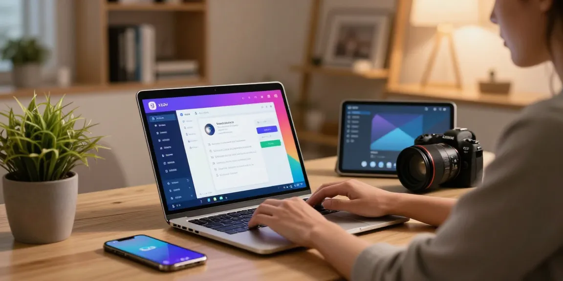 快连 VPN 应用程式在舒适的家庭办公环境中展示在筆記型電腦上