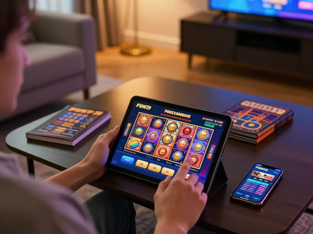 Explore FUN79 gameplay on a tablet in a cozy home setting, showcasing the excitement of online gambling.
