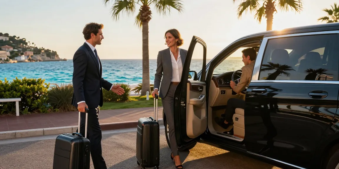 Service de transfert privé à Nice et Monaco avec chauffeur accueillant un couple élégant.