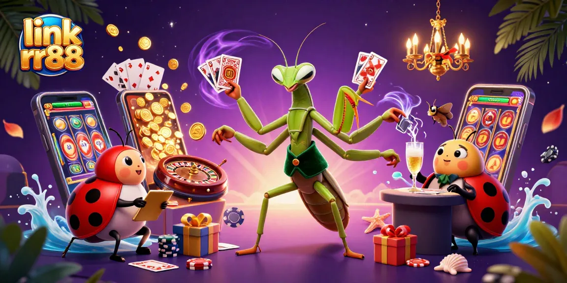Experience the excitement of link rr88 as a giant praying mantis card sharp entertains in a vibrant casino.