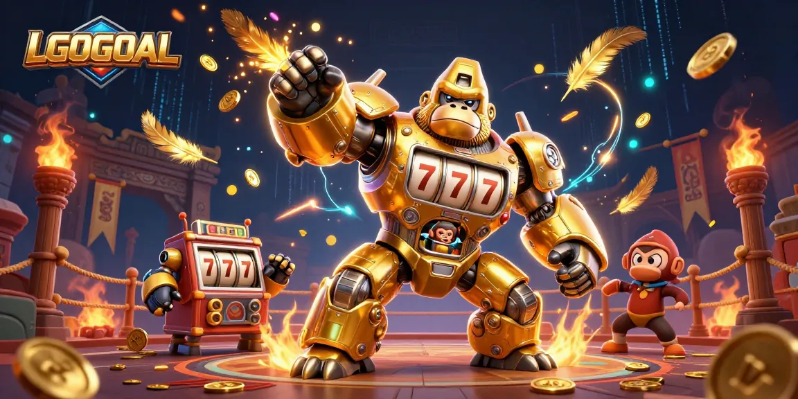Experience the excitement of LGOGOAL with a golden gorilla mech slot machine scene, bursting with coins and vibrant casino elements.