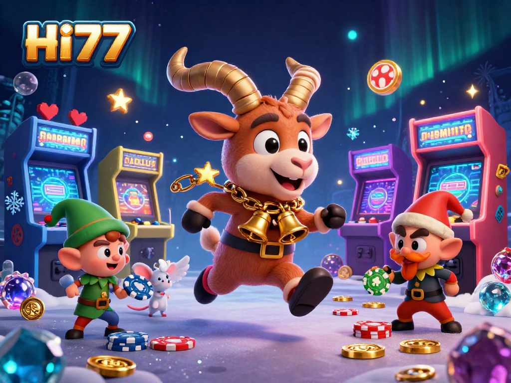 Engage in thrilling games at HI77 with festive characters and vibrant casino elements.