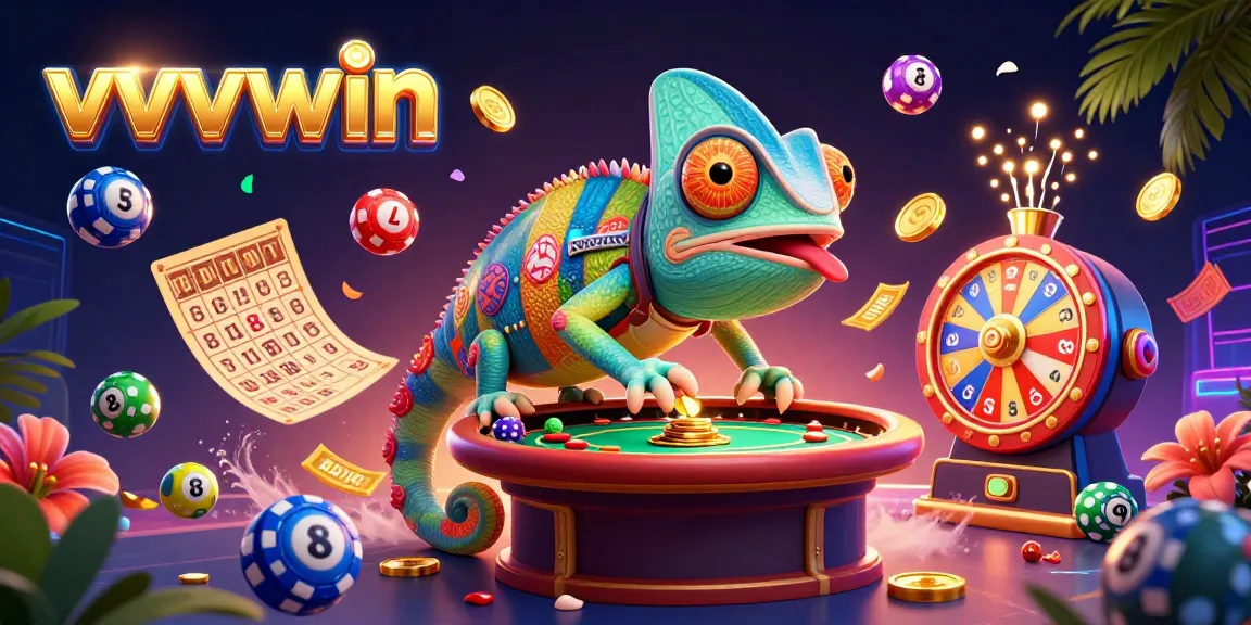 Jump into the excitement at vvvwin, featuring vibrant lottery balls and dazzling casino elements.