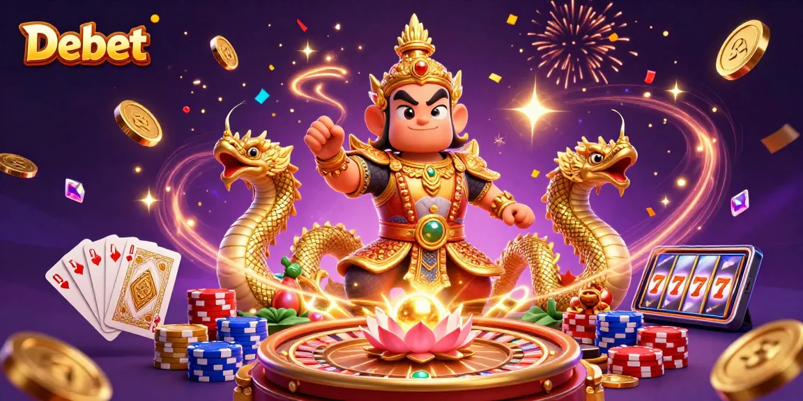 Engage with Debet's vibrant 3D casino scene featuring a guardian, Naga companions, and festive elements.