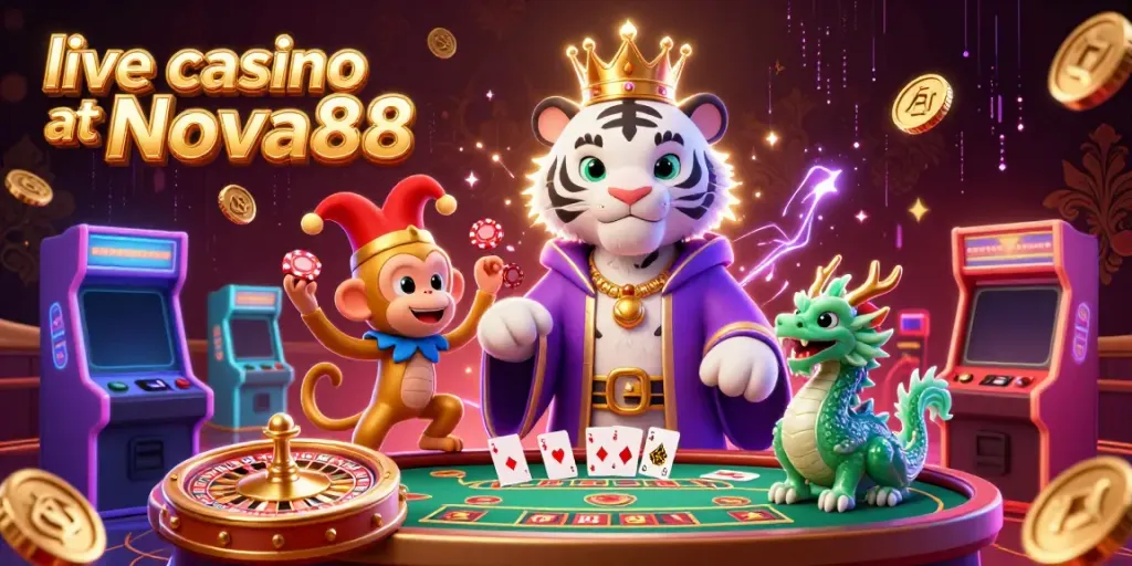 Experience the excitement of live casino at Nova88 with a vibrant 3D illustration of a royal tiger, monkey, and jade dragon.