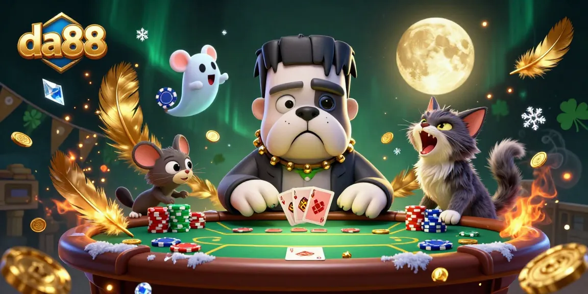 da88 brings thrilling poker action to life with a Frankenstein bulldog dealer, ghost mouse, and werewolf kitten.