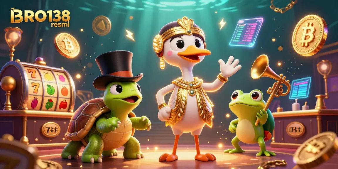 Engage your luck with BRO138 resmi as a joyful crane, turtle, and frog enjoy casino fun amidst vibrant slots.