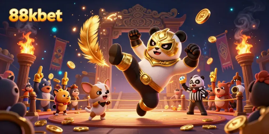 Experience the excitement of 88kbet with a wrestling panda kicking, set in a rich casino-themed arena.