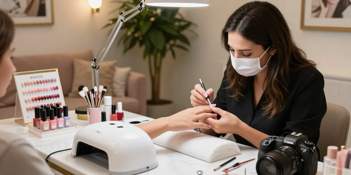 Salon mewah LUXURY12 dengan teknisi kuku profesional sedang menerapkan gel berkualitas tinggi di kuku klien.