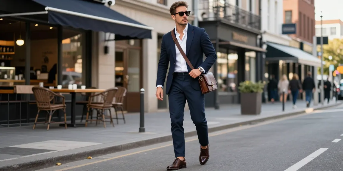 Stylish man showcasing modern men's fashion in urban setting with tailored outfit.