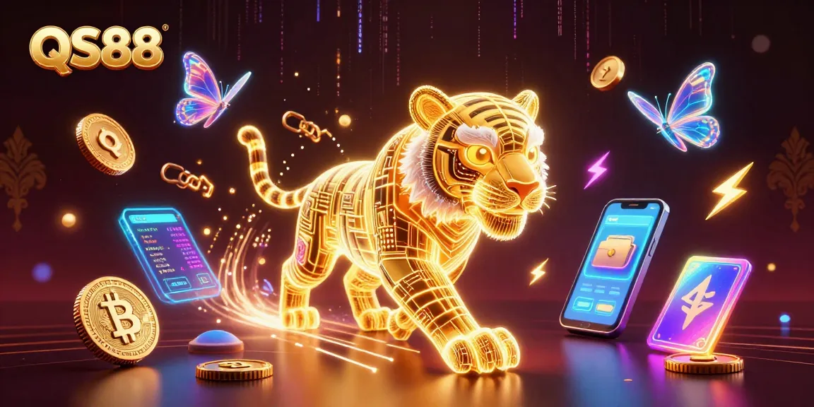 Experience excitement at QS88 with a vibrant, neon-drenched digital casino scene filled with cryptographic elements.