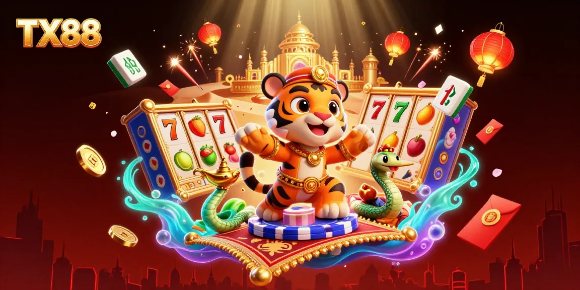 TX88 imagines a vibrant casino adventure with slot reels and a tiger sultan in a magical scene.