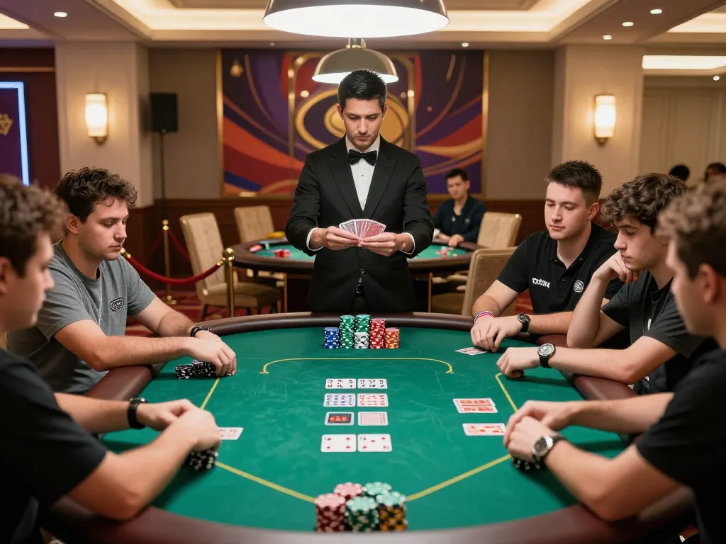 Players engaging at the net88 poker table in an upscale casino, centered on dynamic gameplay.