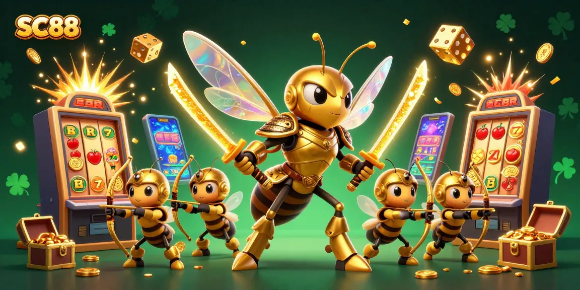 SC88 offers thrilling jackpot experiences with a dynamic scene featuring golden hornets and slot machines.