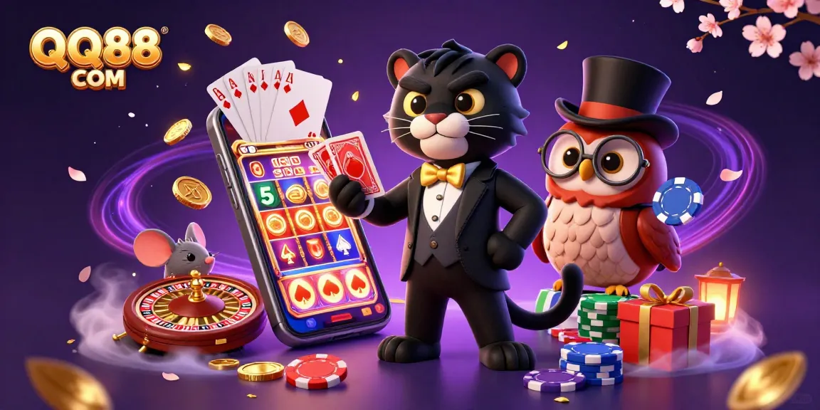 Experience thrilling gameplay at QQ88 COM with a stylish panther dealing cards and dynamic casino elements.