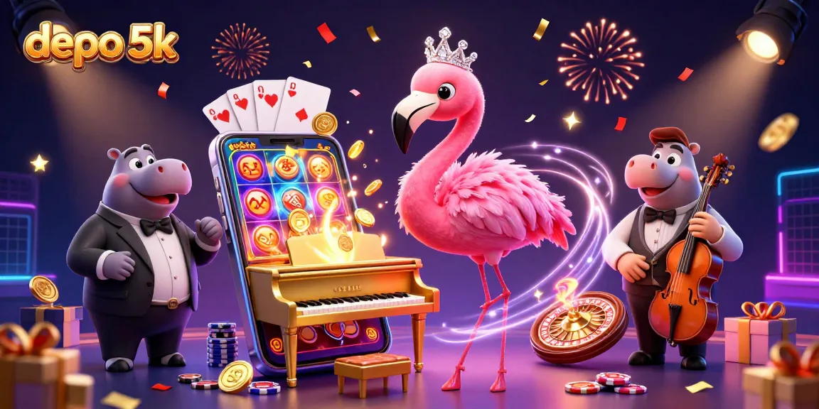 Play exciting slot games with high maxwin potential at depo 5k's captivating scene featuring colorful elements and vibrant energy.