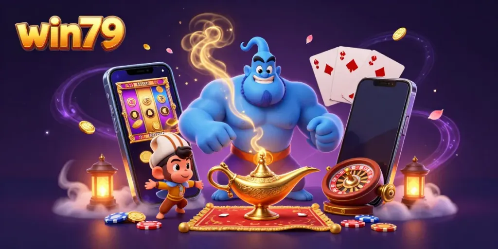 Experience the enchanting win79 casino world with a genie, monkey, and gaming elements bursting from a magical carpet.