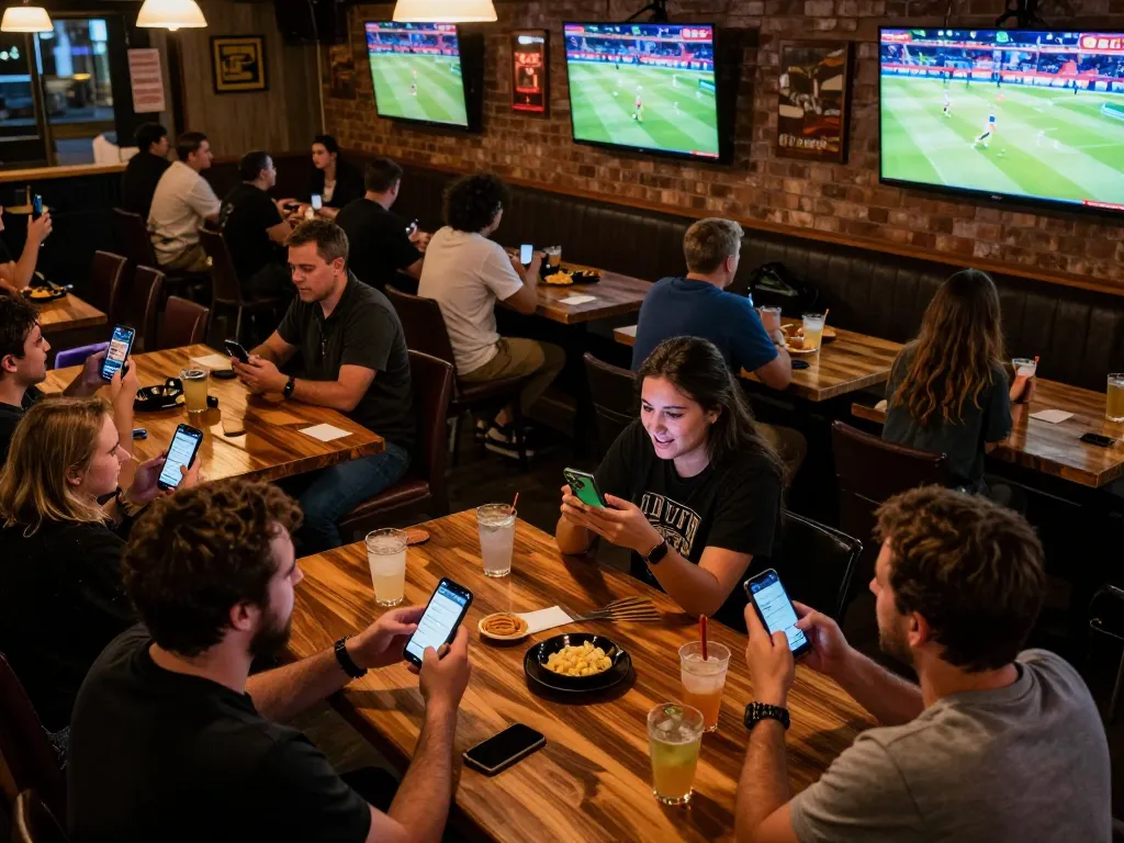 Des fans enthousiasmés s'engagent dans les paris au meilleur site de paris sportif lors d'un événement sportif en direct dans une ambiance de bar animée
