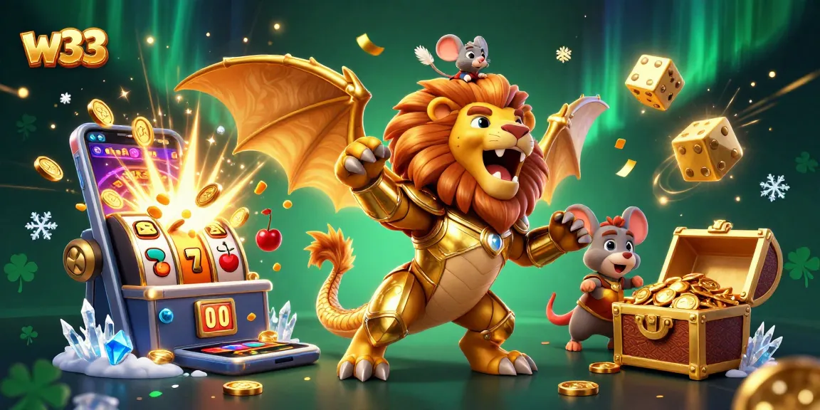 Win big with w33 in this vibrant casino illustration featuring dynamic slots and symbols.