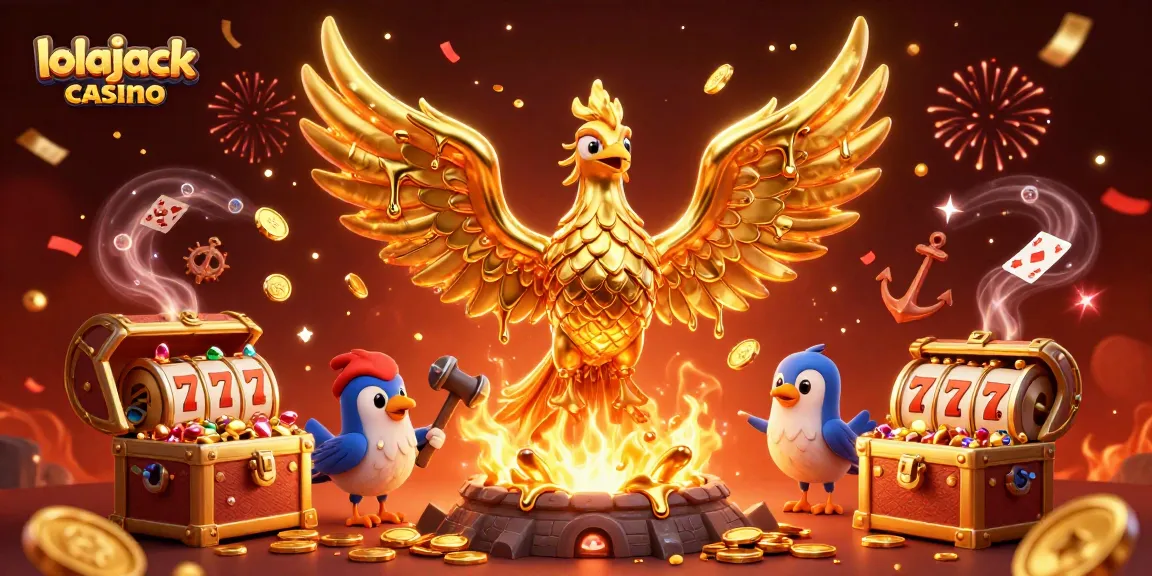 Spin to win at lolajack casino, where a golden phoenix and treasures explode in a dazzling 3D scene.