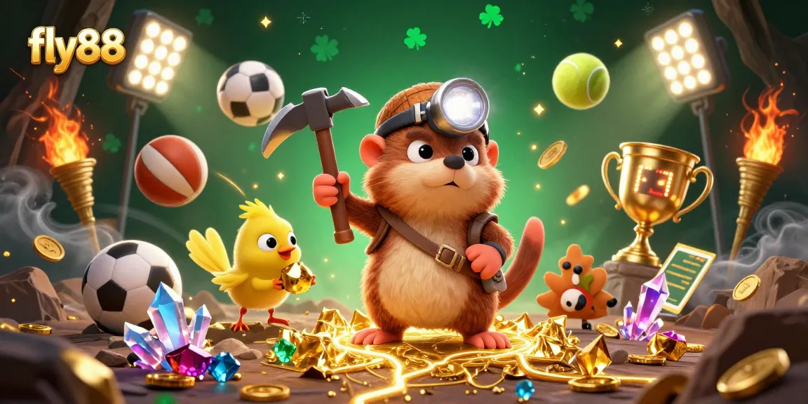 Experience thrilling sports betting at fly88 with a lively treasure hunter scene full of golden sports elements and rewards.