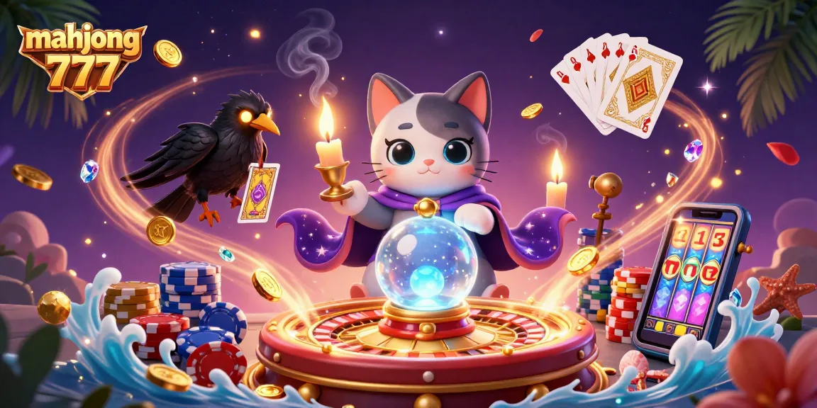 Experience the excitement of mahjong 777 with fortune teller mystic cat, glowing raven, and vibrant casino elements.