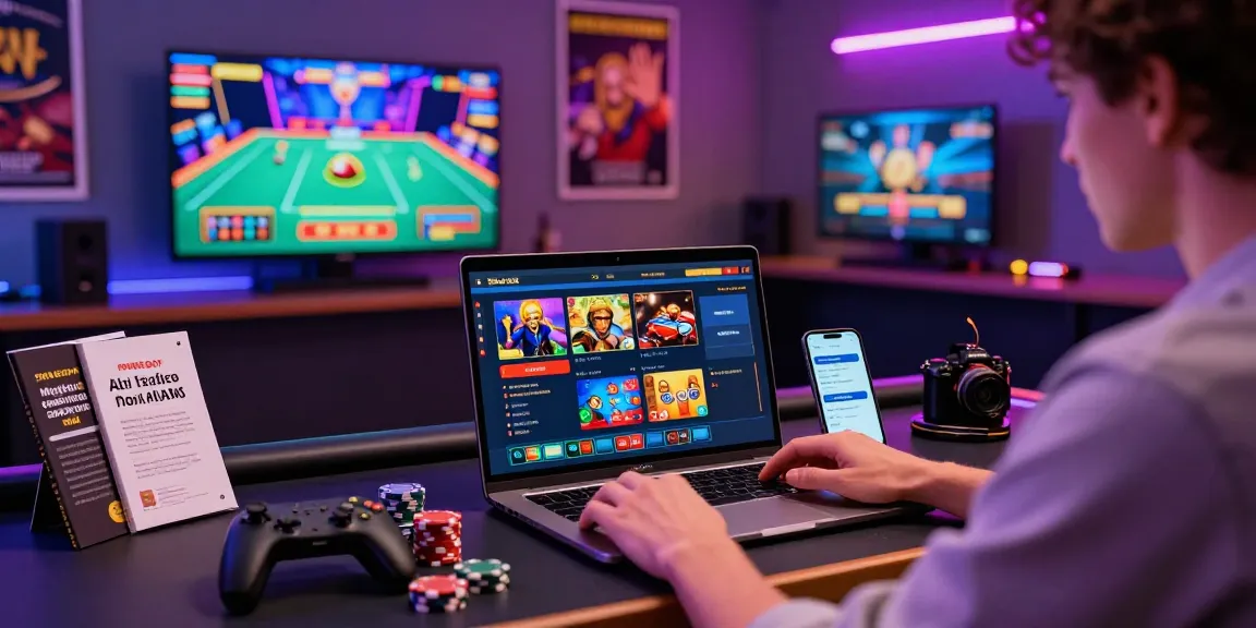 Scena di gioco online con personaggio a un computer, esplorando i migliori casino non AAMS.