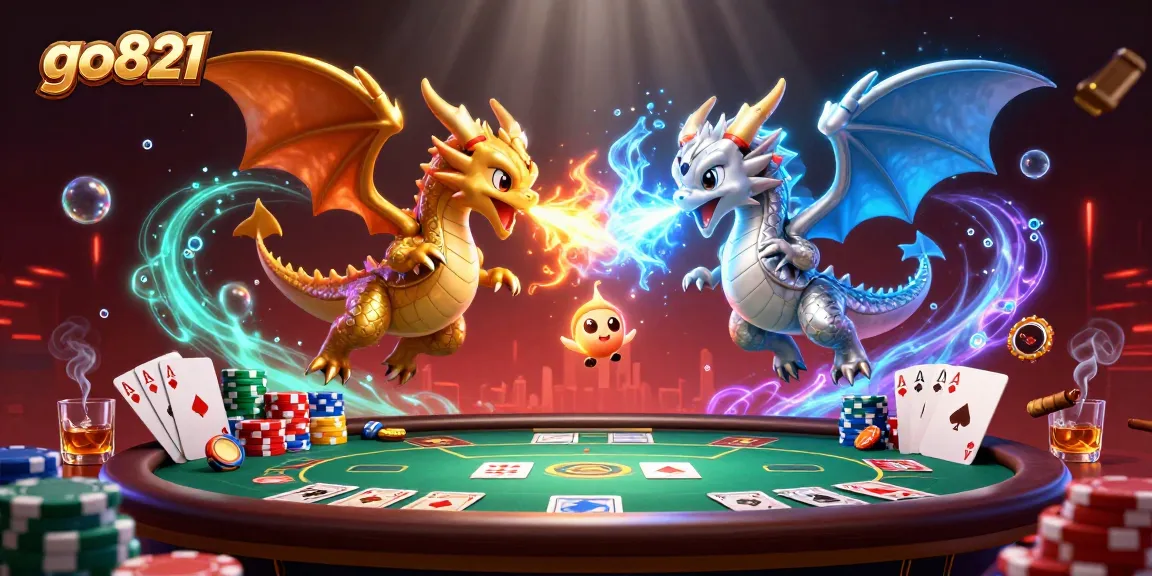 Join the action at go821 with a dynamic scene of dragons amidst poker elements and vibrant casino decorations.