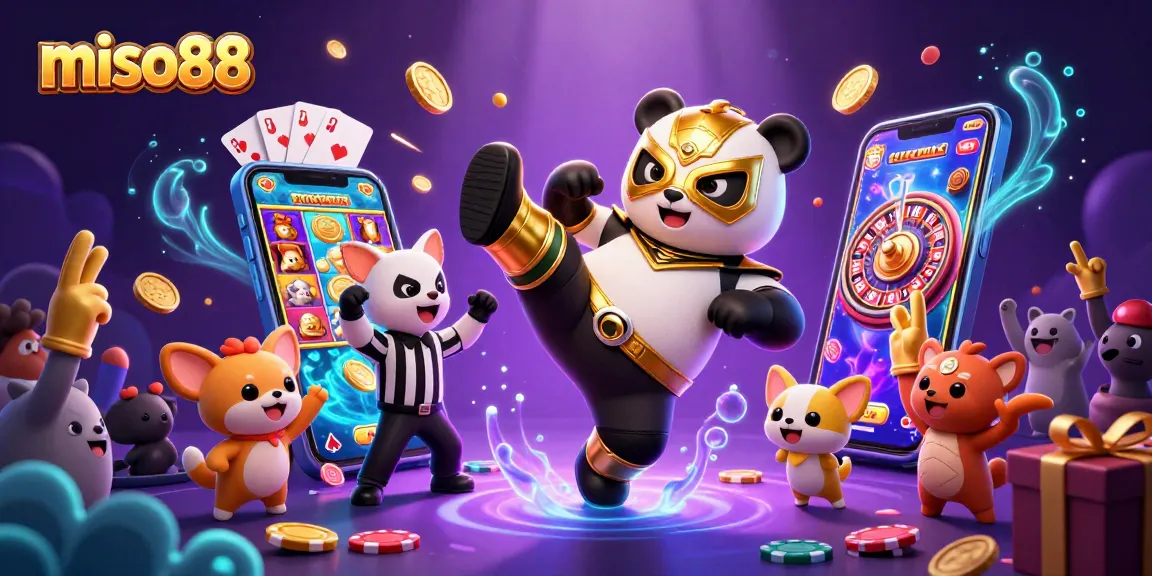 Miso88 engages players with a vibrant illustration of a panda wrestler and a chihuahua referee amidst game elements like slots and poker.