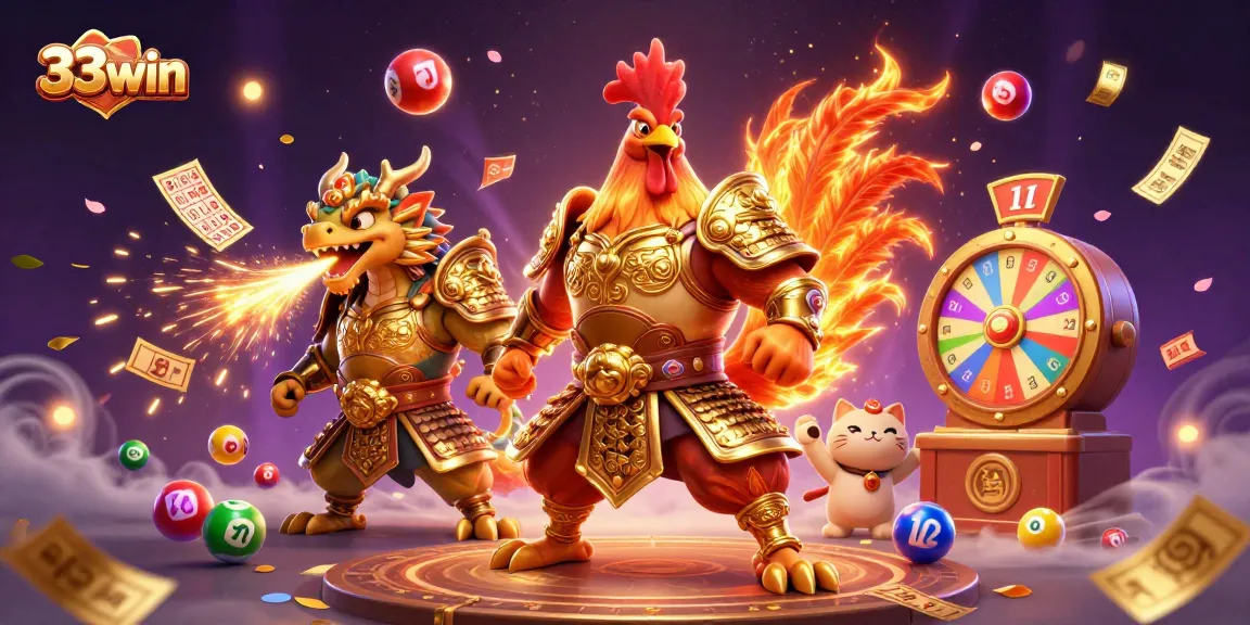 Engage with exciting 33win battle featuring a dragon, rooster, and fortune cat amidst colorful gaming elements.