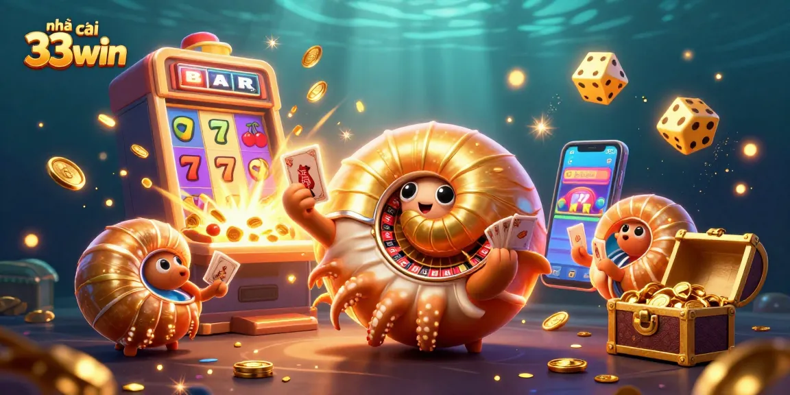 Activate winning features with nhà cái 33win in this vibrant, underwater casino illustration.