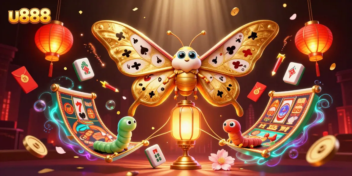 Capture the thrilling essence of u888 casino with vibrant 3D moths and luck-bringing elements.