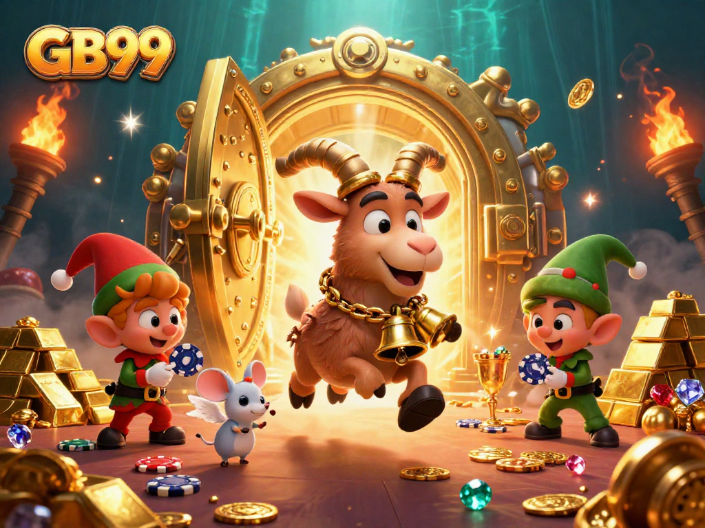 Experience the thrill of GB99 with a vibrant 3D casino scene featuring festive characters and dynamic gameplay elements.