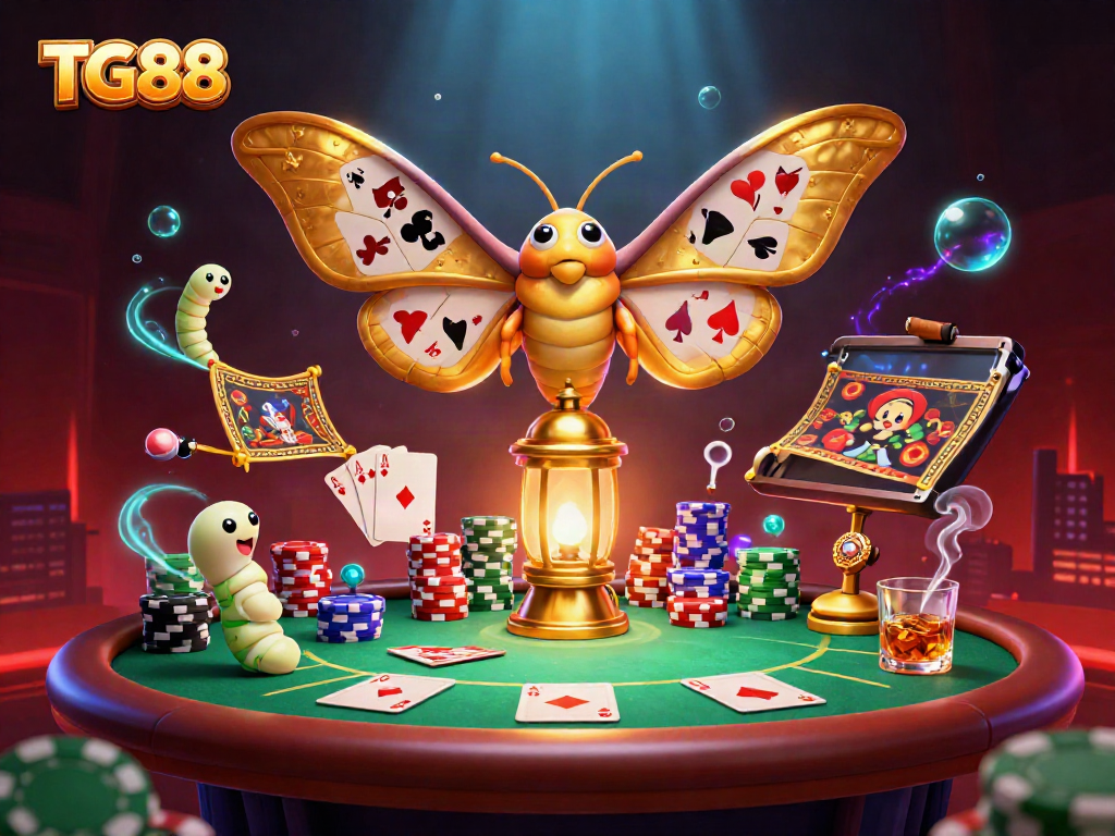 Experience thrilling games at TG88 with vibrant casino elements and a majestic moth motif.