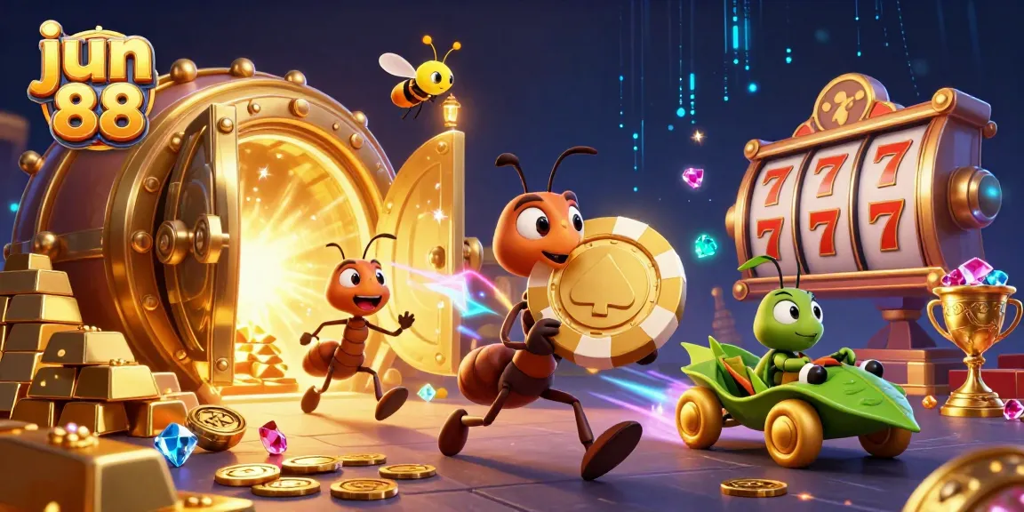 Engaging scene of ants executing a heist for a giant golden poker chip, depicting jun 88's thrill.