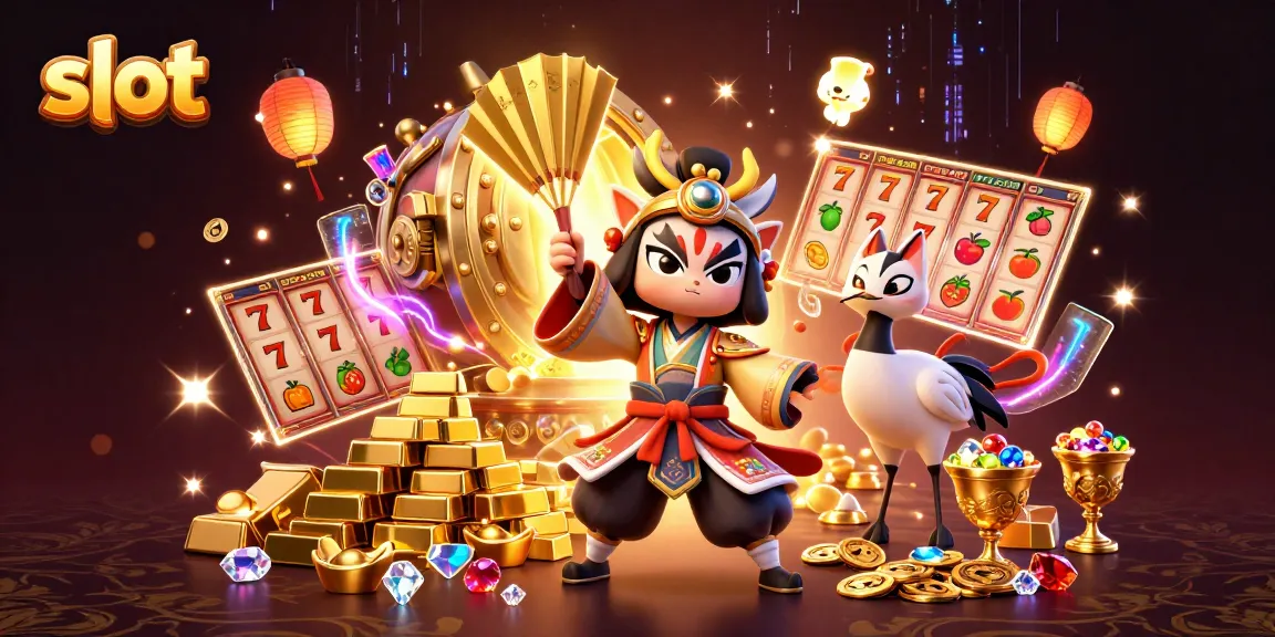 Spin slot reels and collect treasures with kabuki warrior and kitsune in vibrant casino scene.