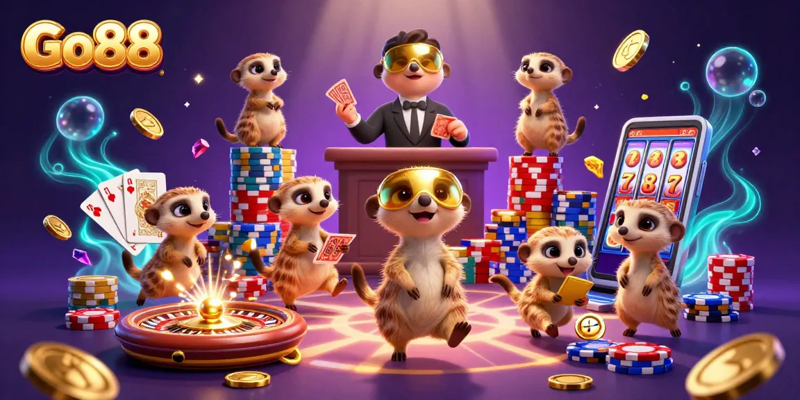 Experience winning strategies at Go88 with a vibrant casino scene showcasing meerkats in action.