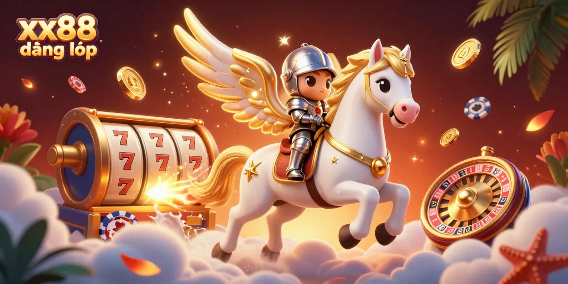 Experience the thrill of xx88 đăng nhập with a celestial knight amidst floating slot reels and dazzling casino elements.