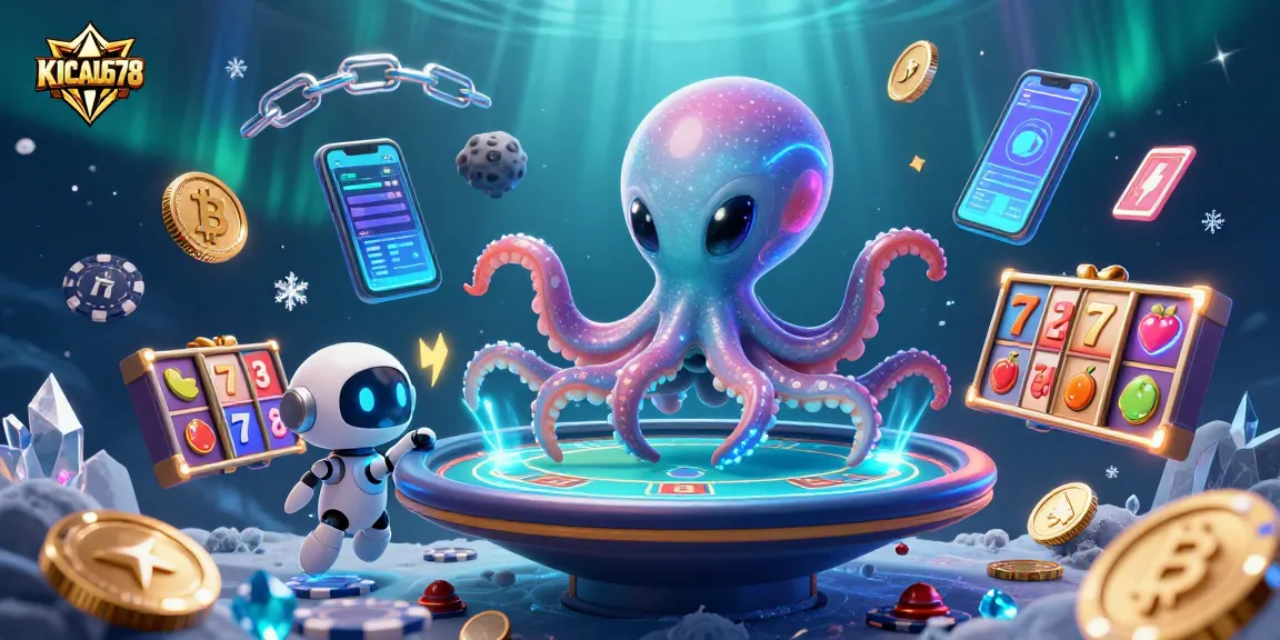 KICAU678 alien octopus showcases a thrilling poker scene with vibrant slot elements and crypto coins.