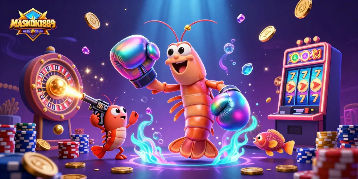Experience the thrill with MASKOKI889's vibrant casino scene featuring animated shrimps amidst games.